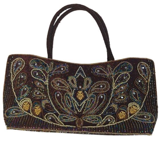 Vintage Handbags - Beaded Sequins Embroidered Top Handle Bag‎ Brown